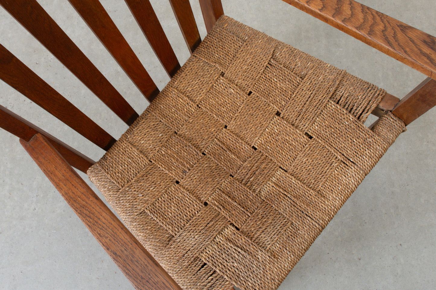 Early 1900s oak + cord armchair