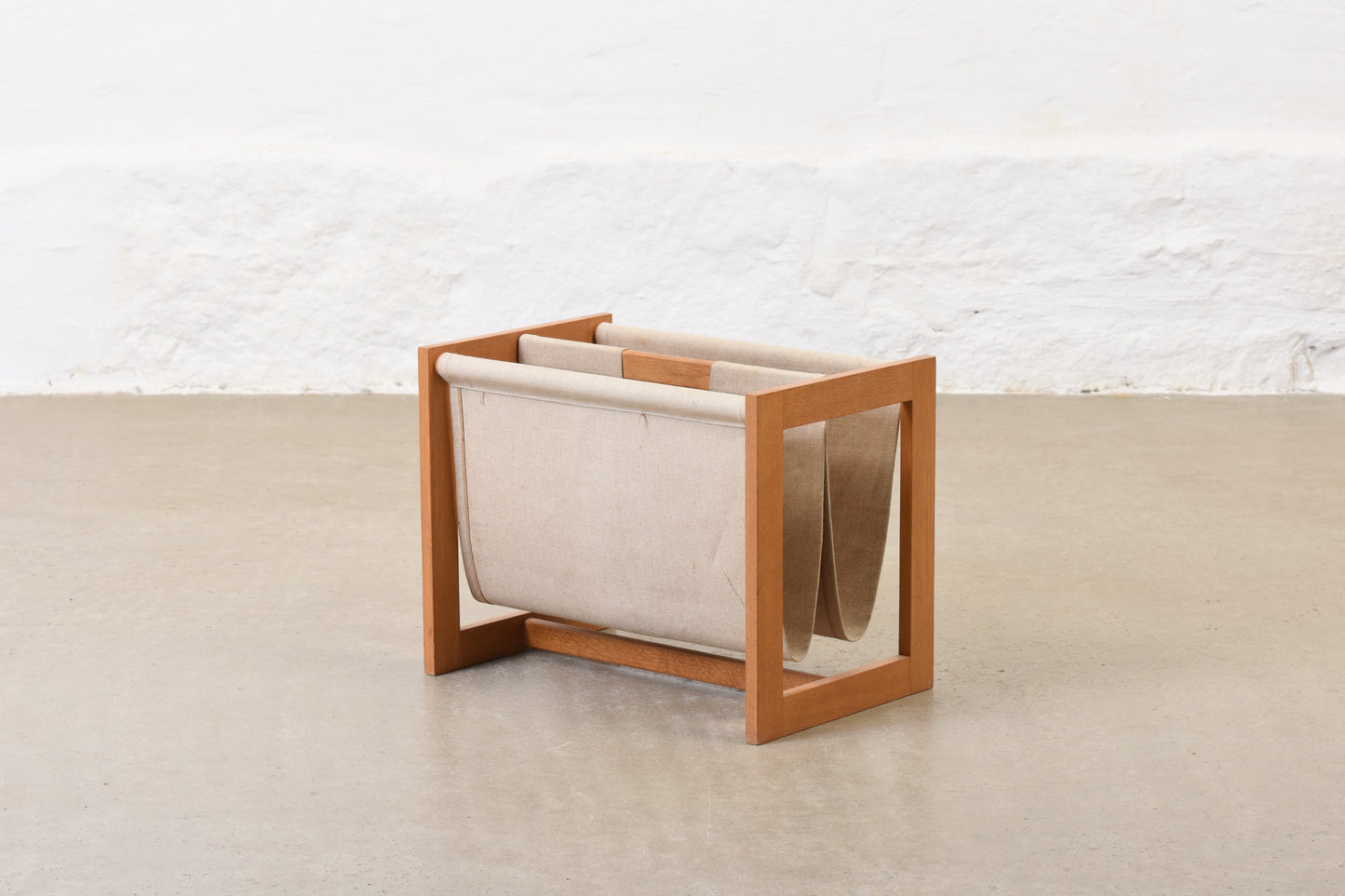 1970s oak + canvas magazine stand