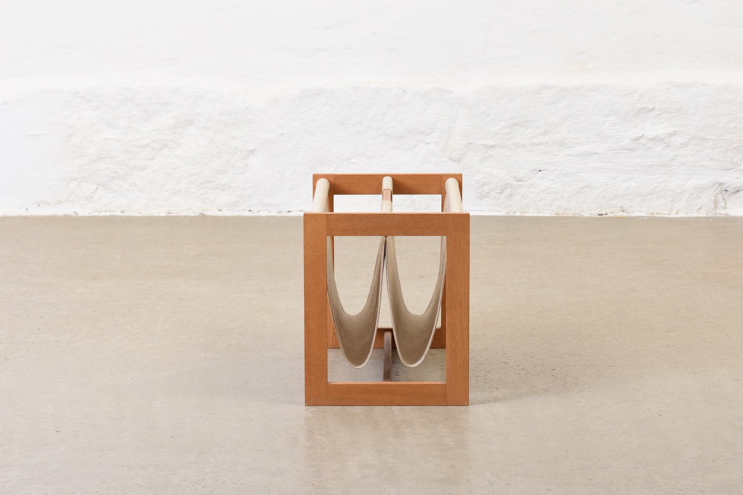 1970s oak + canvas magazine stand