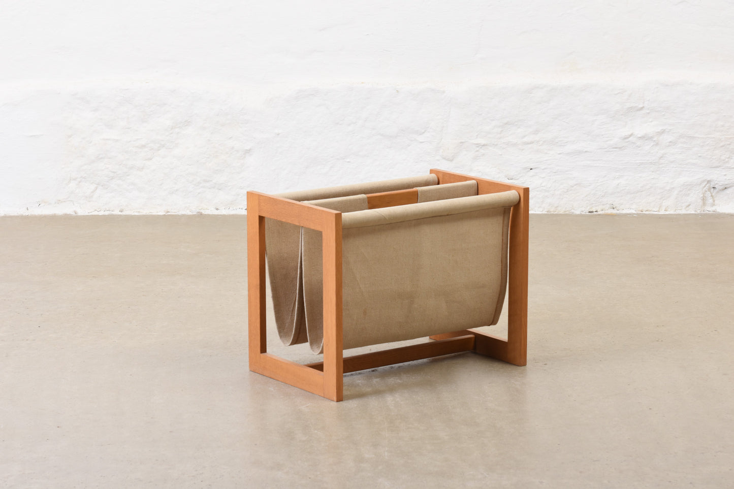1970s oak + canvas magazine stand
