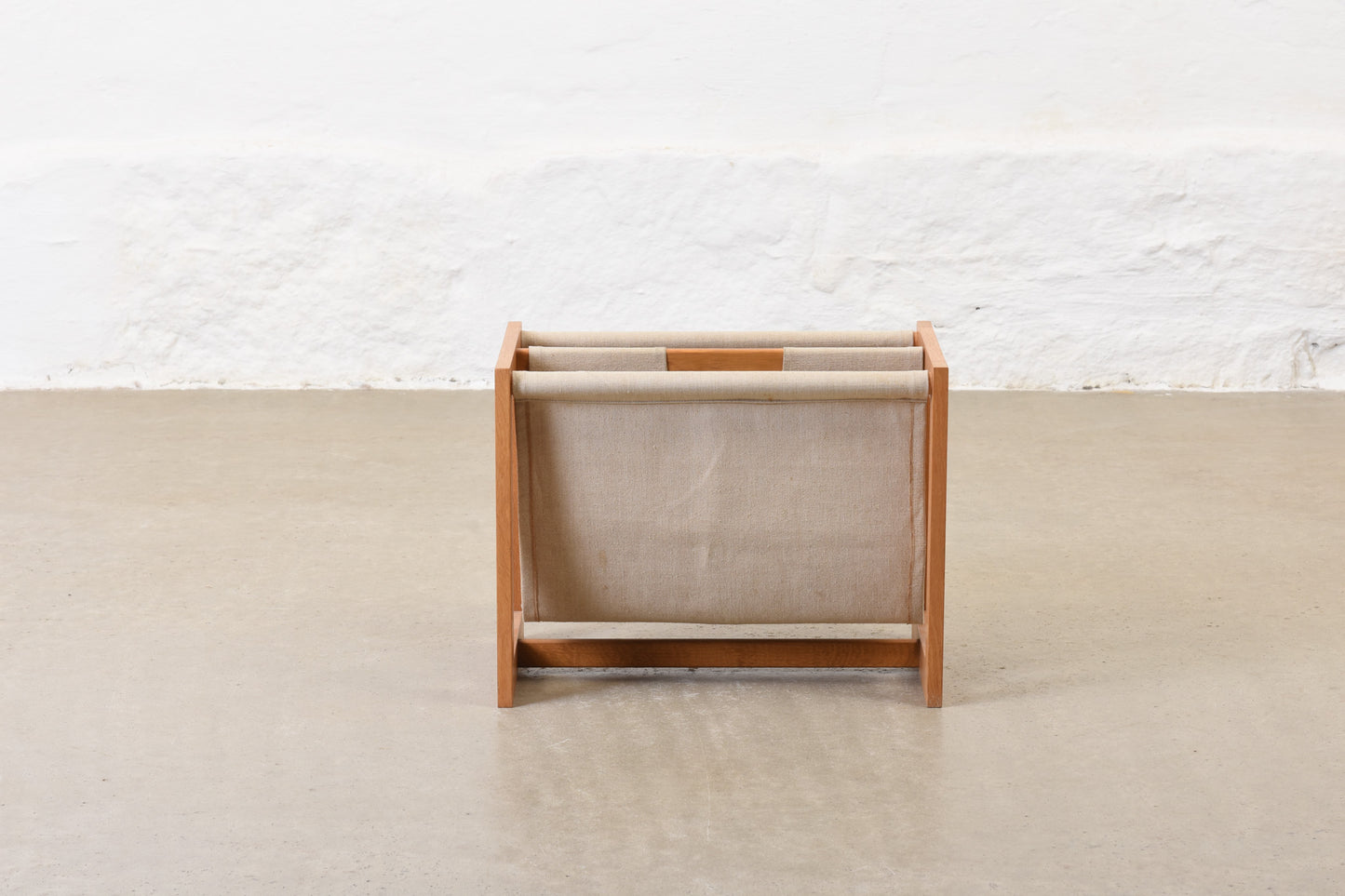 1970s oak + canvas magazine stand