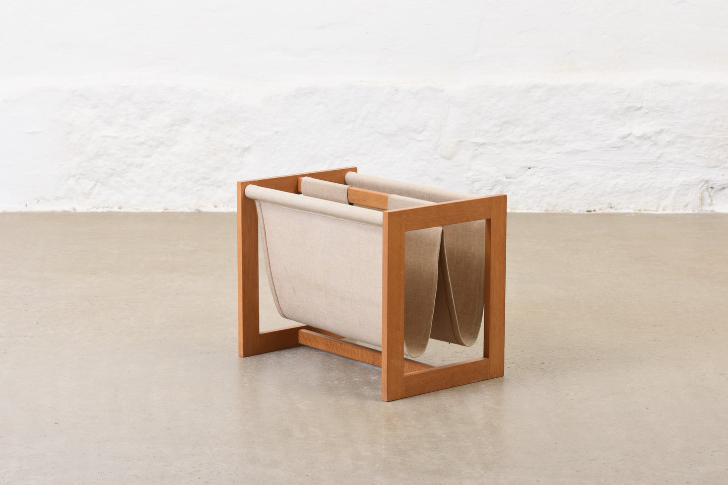 1970s oak + canvas magazine stand