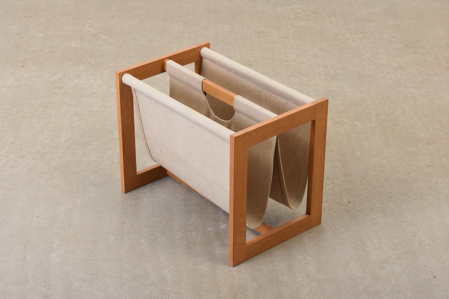 1970s oak + canvas magazine stand