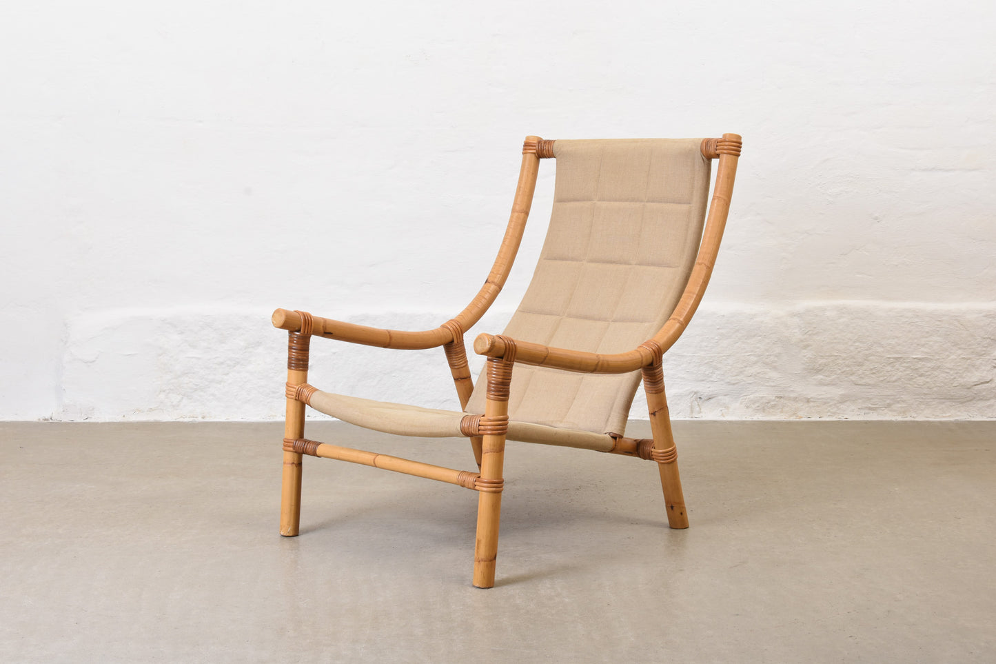 1970s bamboo + canvas lounge chair
