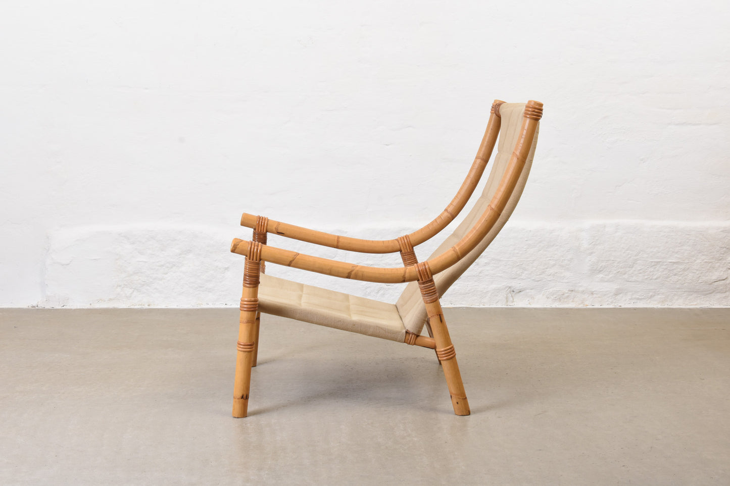 1970s bamboo + canvas lounge chair