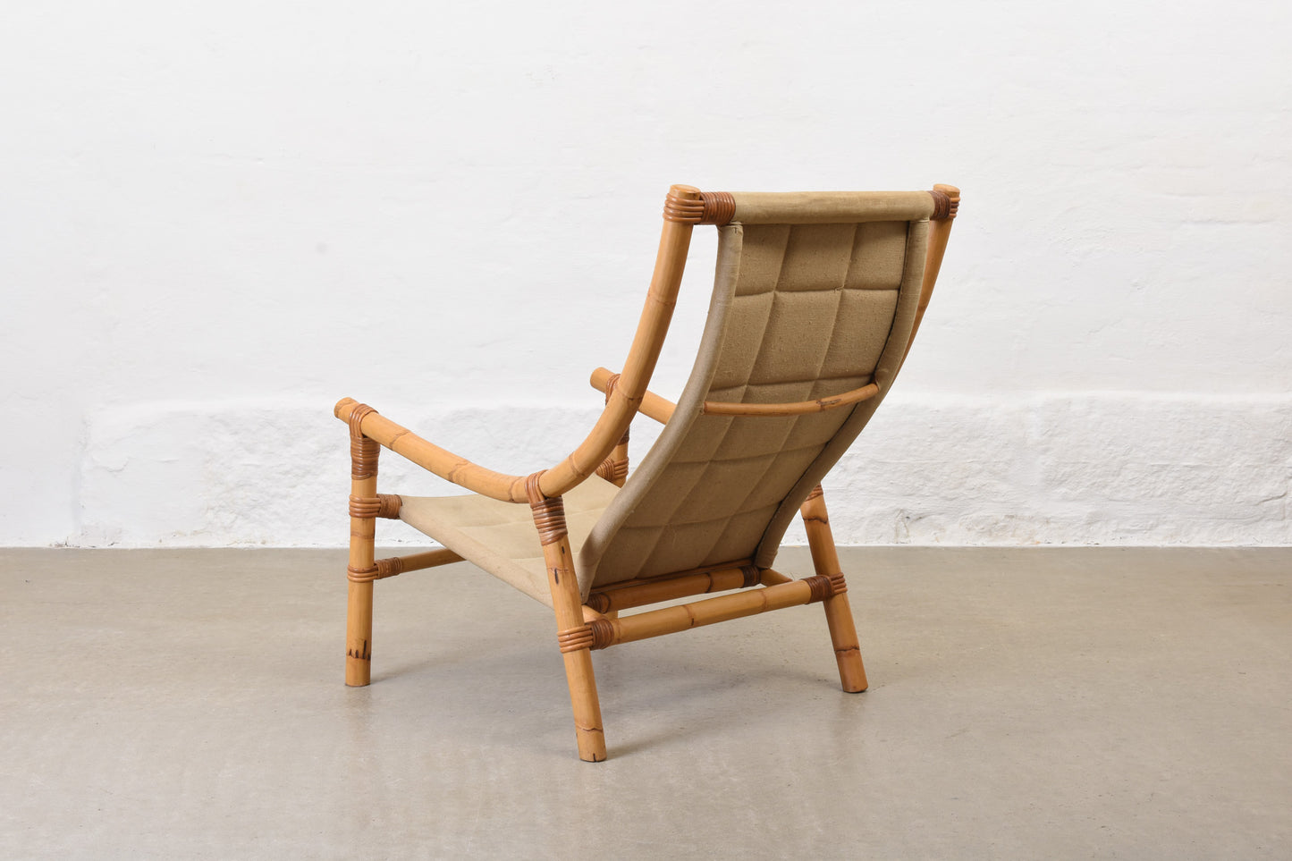 1970s bamboo + canvas lounge chair