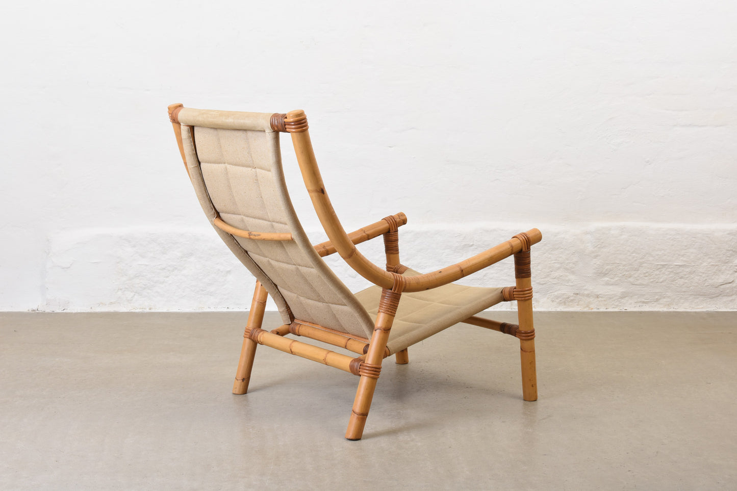 1970s bamboo + canvas lounge chair