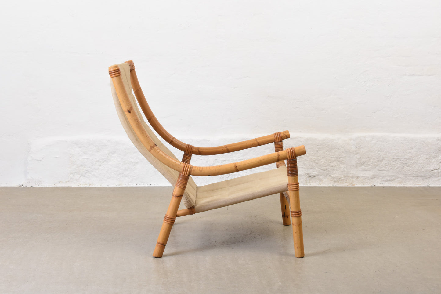 1970s bamboo + canvas lounge chair