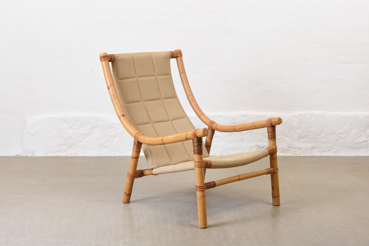 1970s bamboo + canvas lounge chair