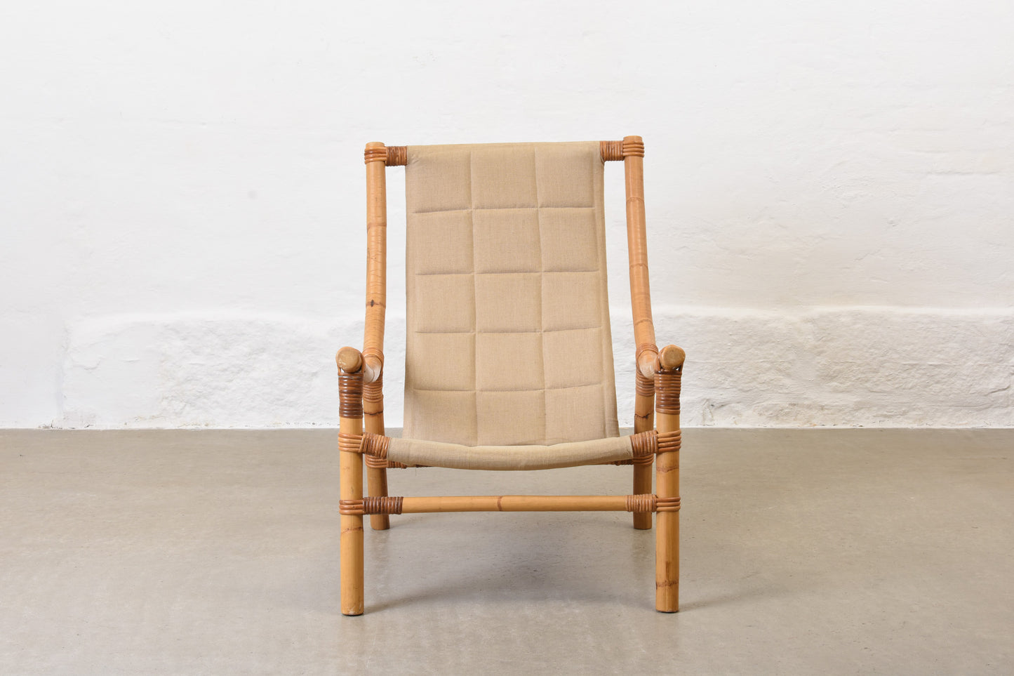 1970s bamboo + canvas lounge chair