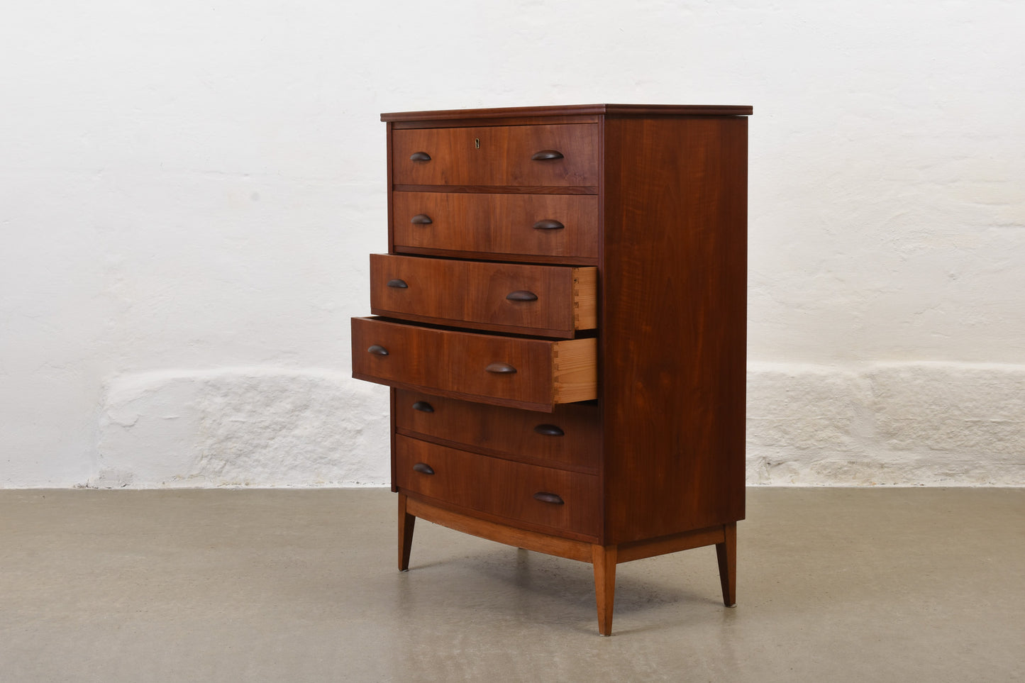 1950s bow-fronted teak chest of drawers - 109H cm