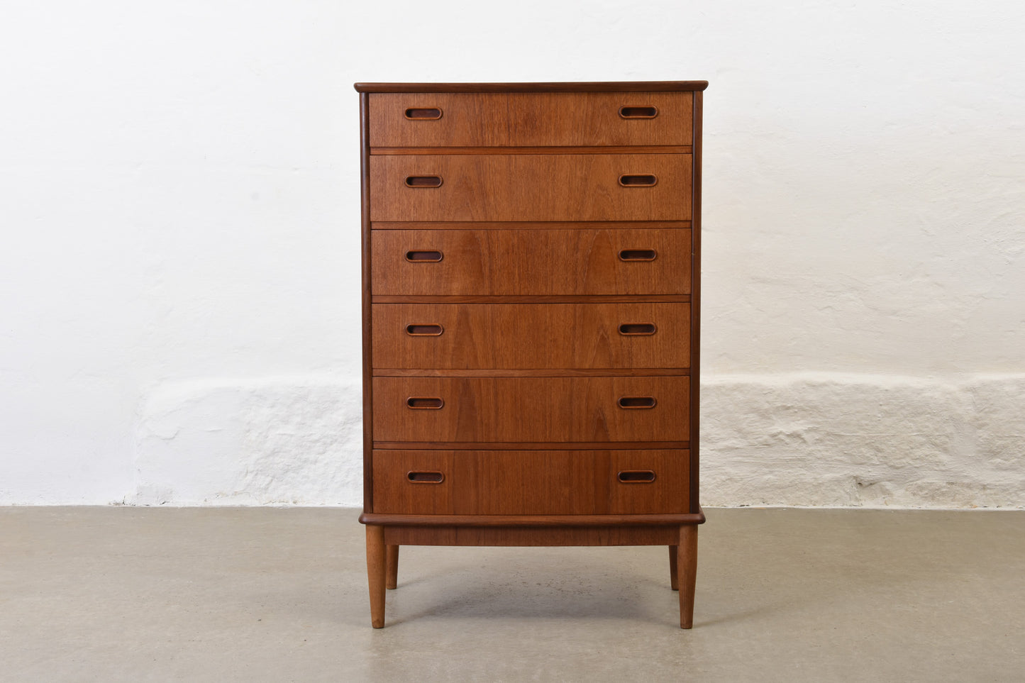1950s bow-fronted teak chest with inset handles - 112H cm