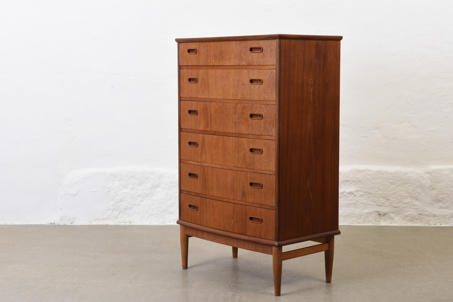 1950s bow-fronted teak chest with inset handles - 112H cm