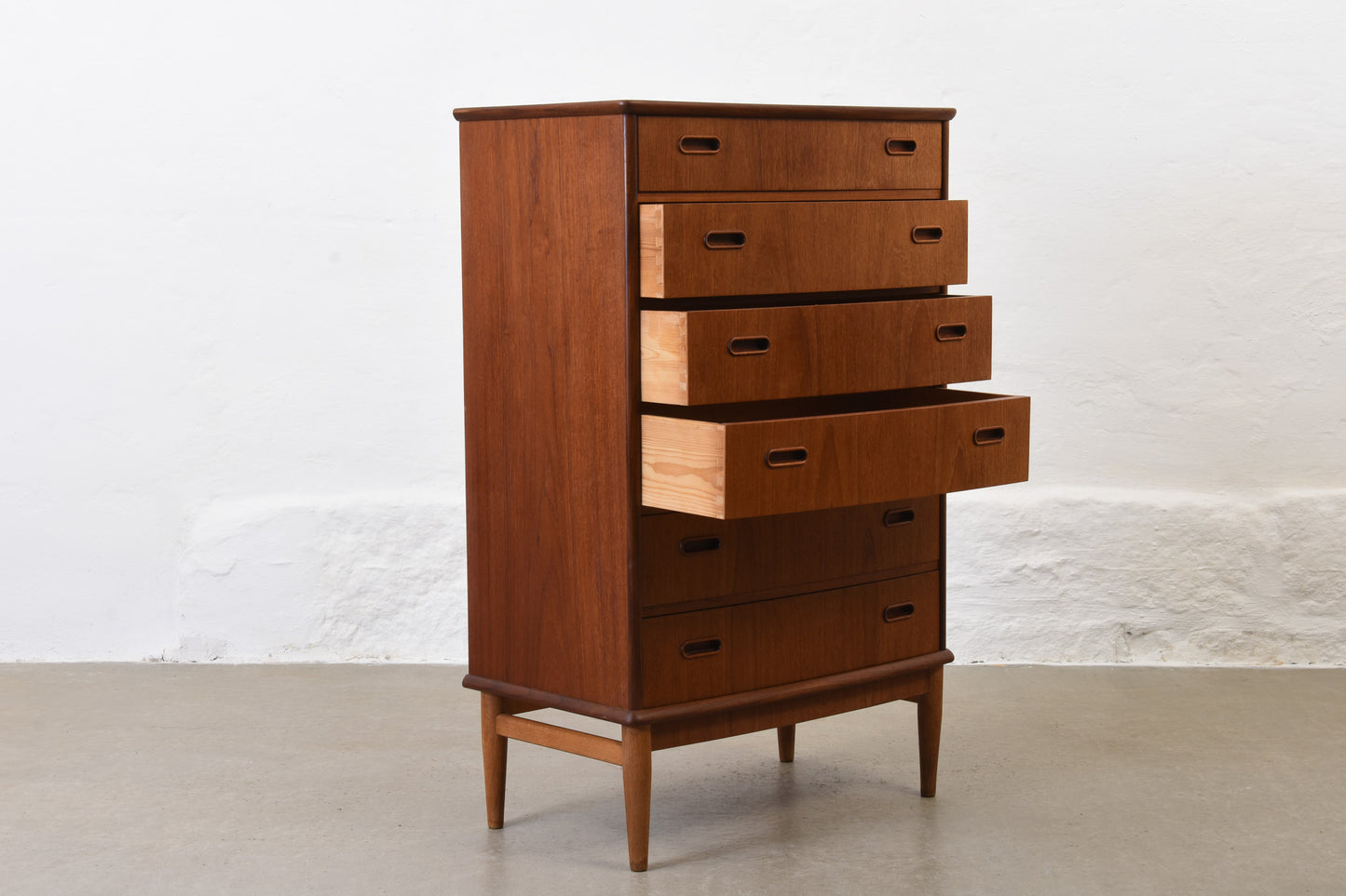 1950s bow-fronted teak chest with inset handles - 112H cm