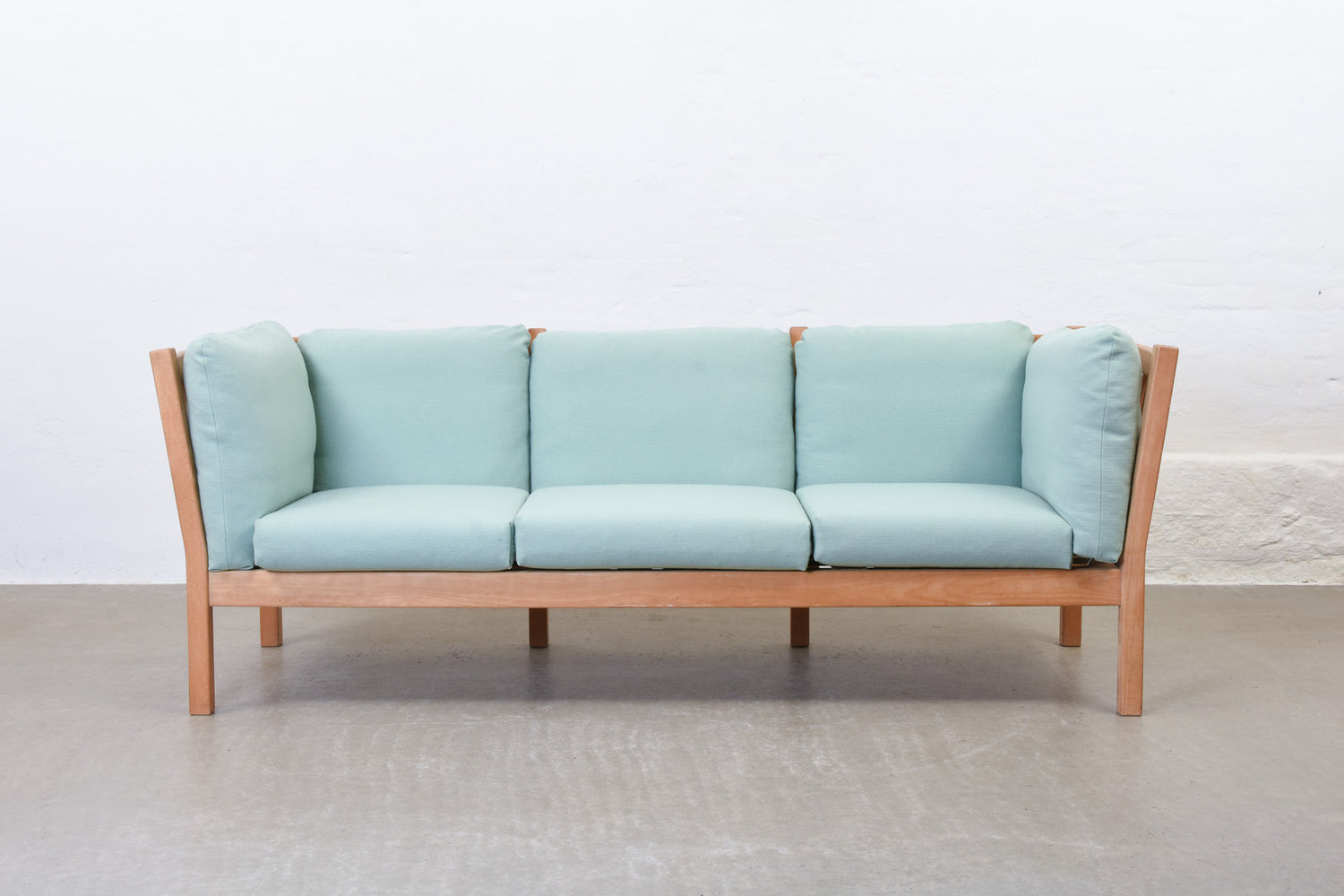 Newly reupholstered: 1980s beech + wool three seater by Andreas Hansen