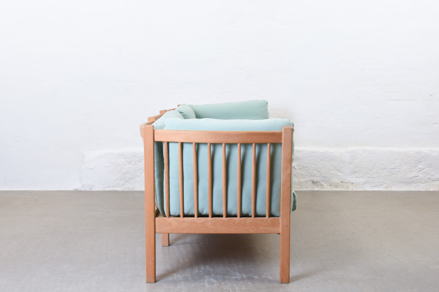 Newly reupholstered: 1980s beech + wool three seater by Andreas Hansen