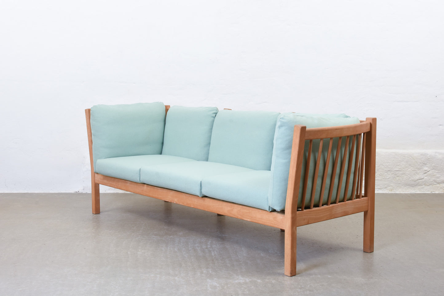Newly reupholstered: 1980s beech + wool three seater by Andreas Hansen