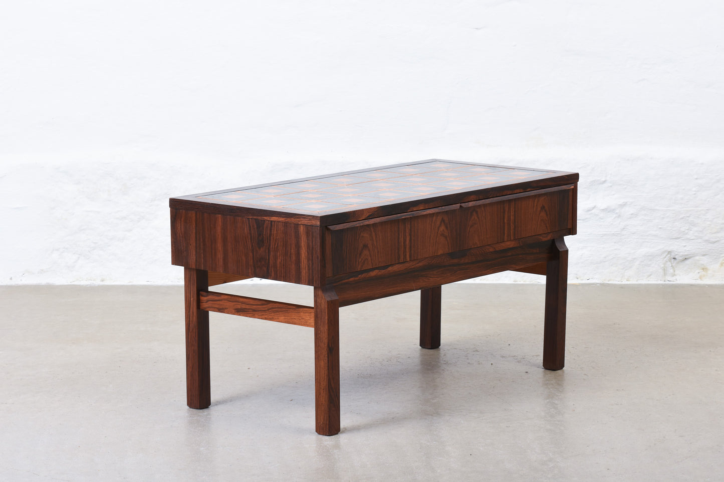 1970s low rosewood + tile hallway chest