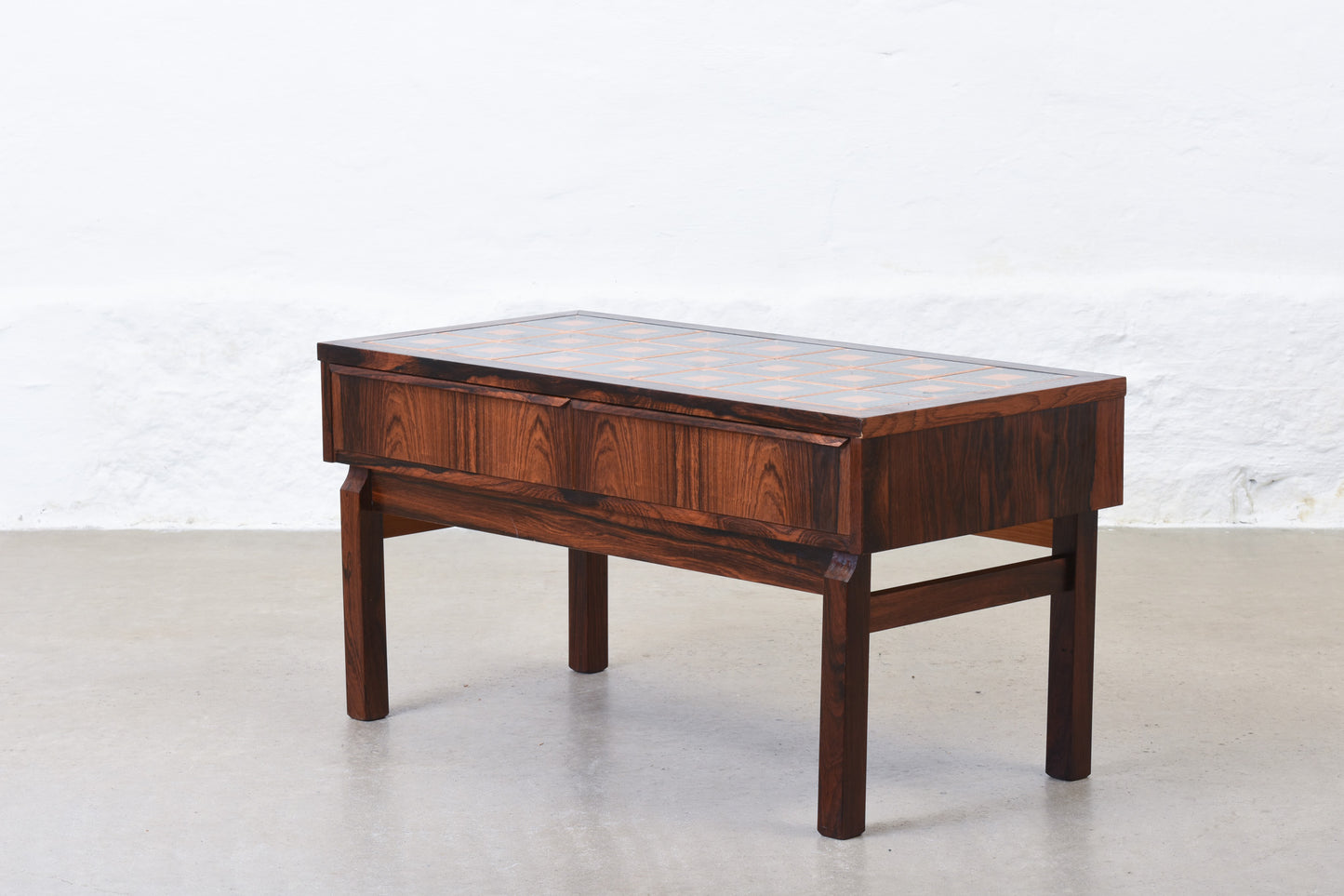 1970s low rosewood + tile hallway chest