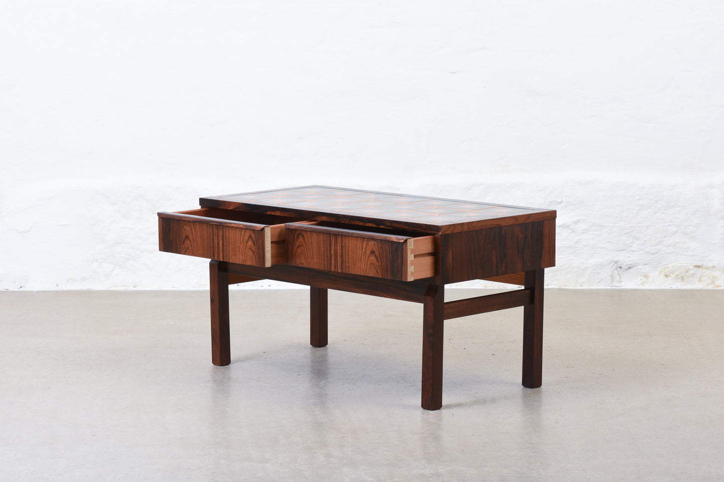 1970s low rosewood + tile hallway chest