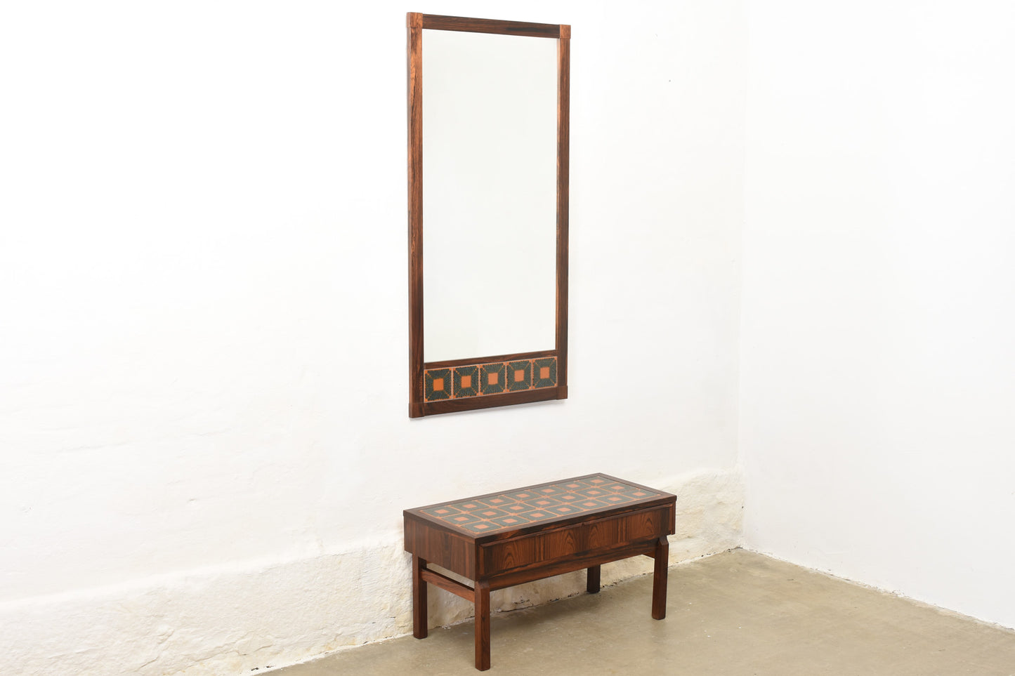 1970s rosewood mirror with ceramic inlay