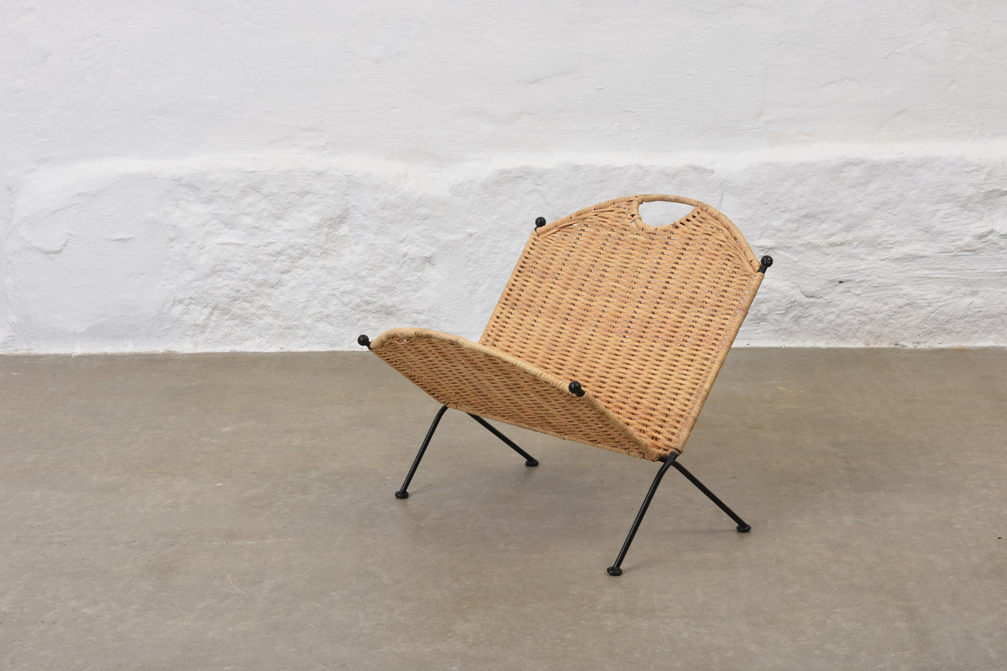 1960s rattan + wrought iron magazine stand