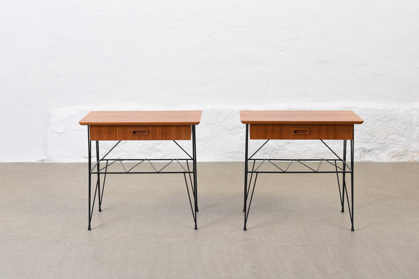 Pair of 1950s teak + metal wire bedside tables