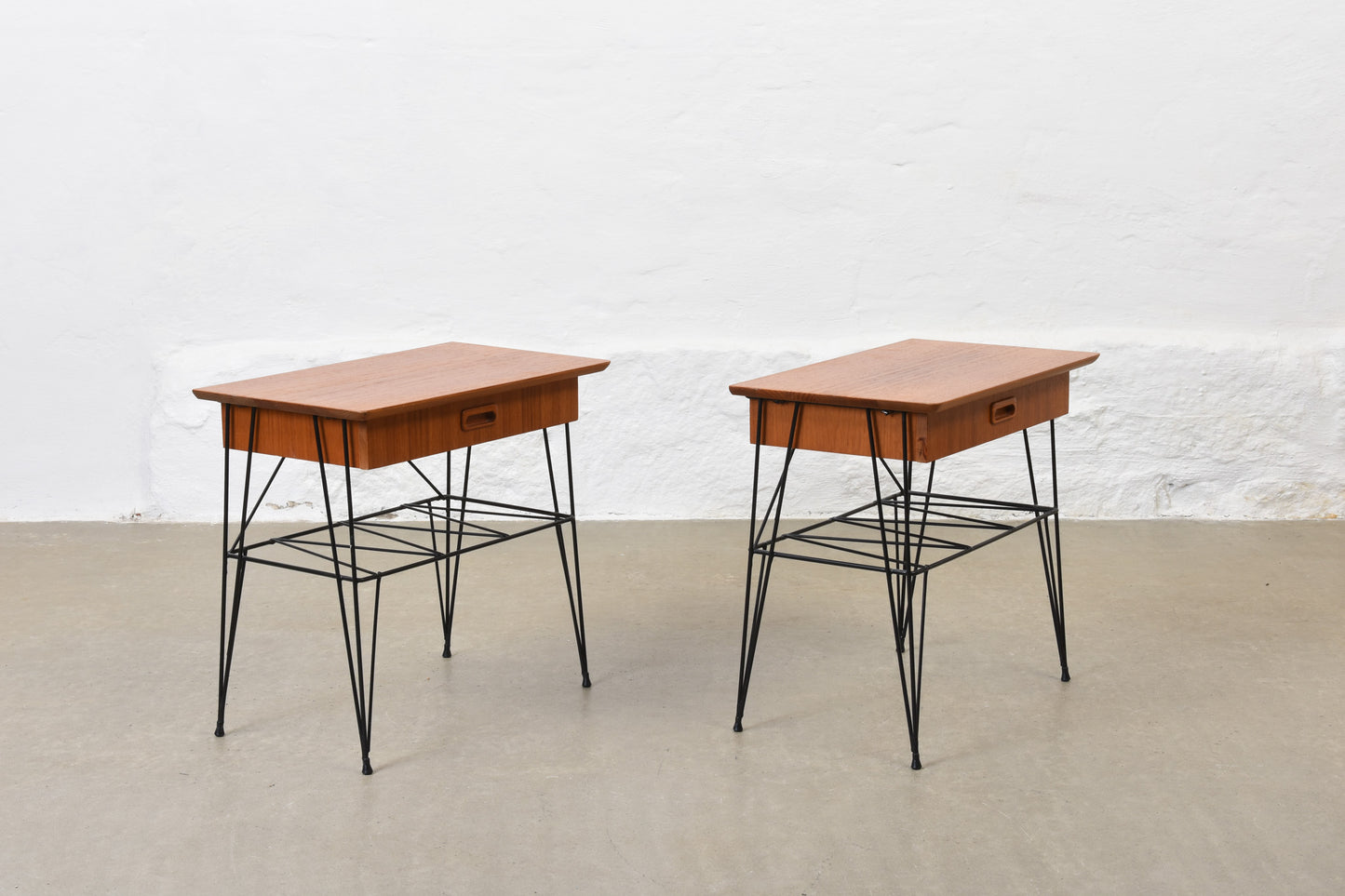 Pair of 1950s teak + metal wire bedside tables