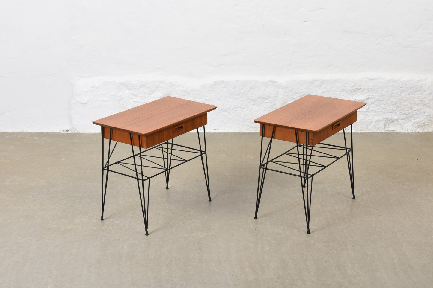 Pair of 1950s teak + metal wire bedside tables