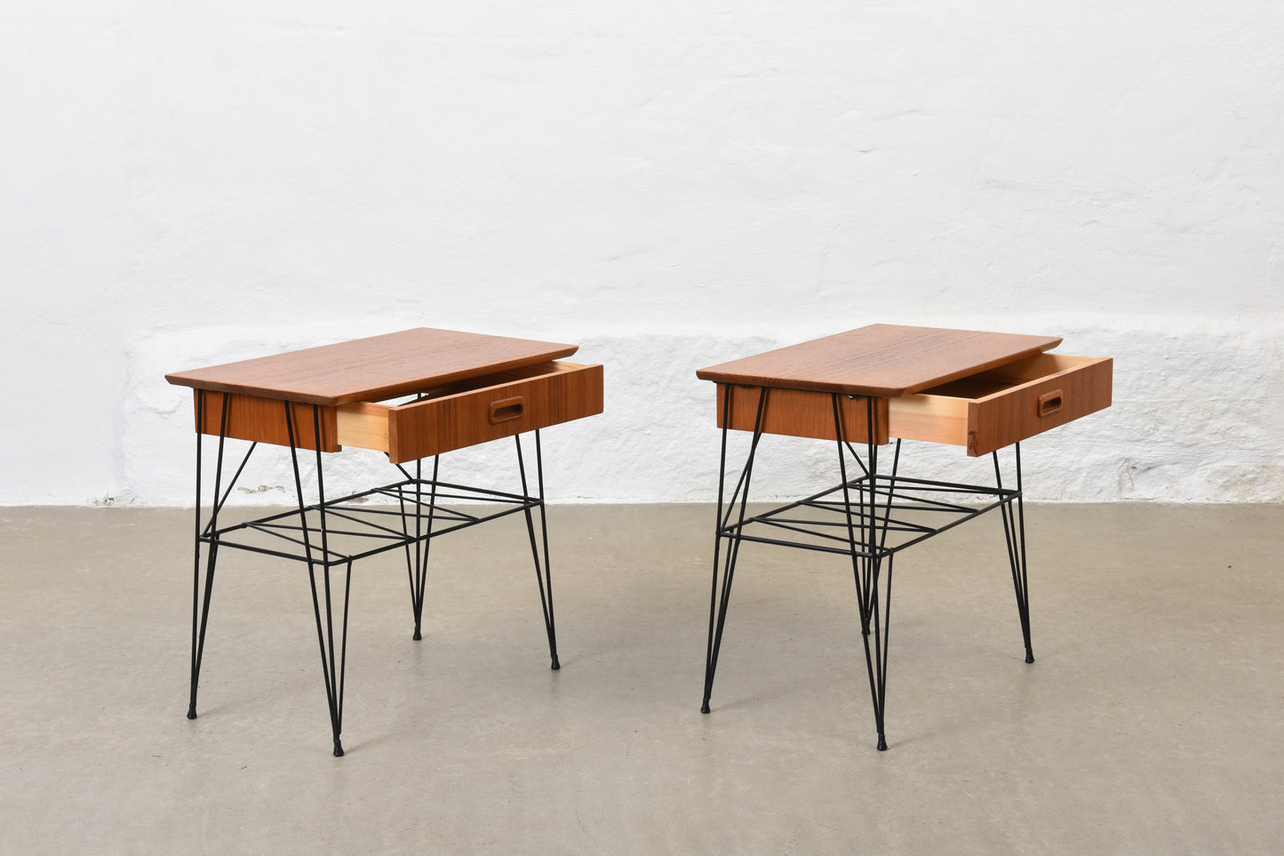Pair of 1950s teak + metal wire bedside tables