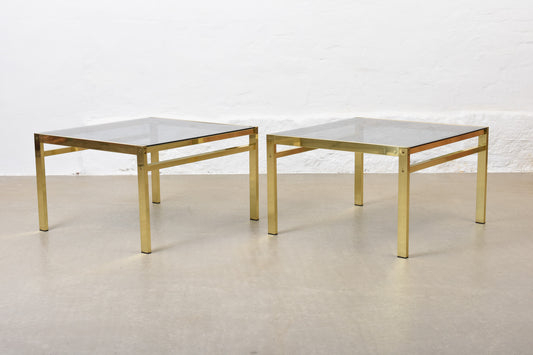 Two available: 1970s glass + brass coffee tables