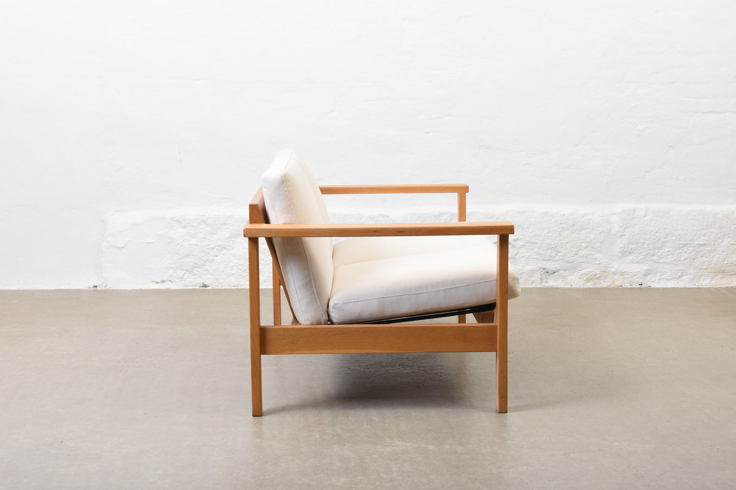 Newly reupholstered: 1960s oak + canvas two seater