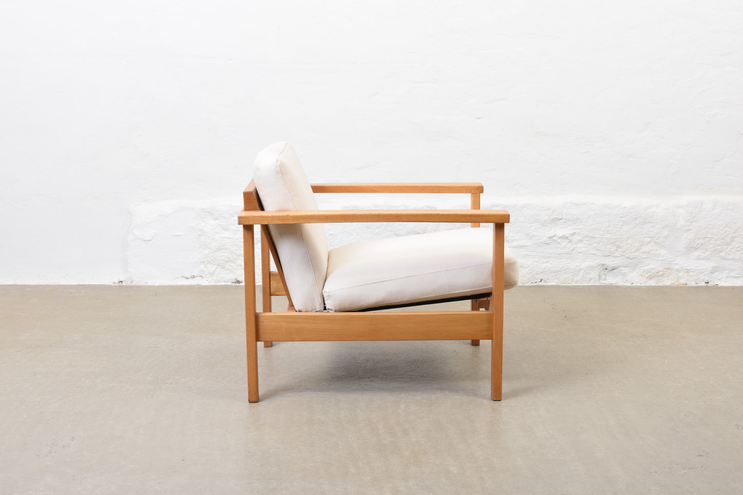 Newly reupholstered: 1960s oak + canvas lounger