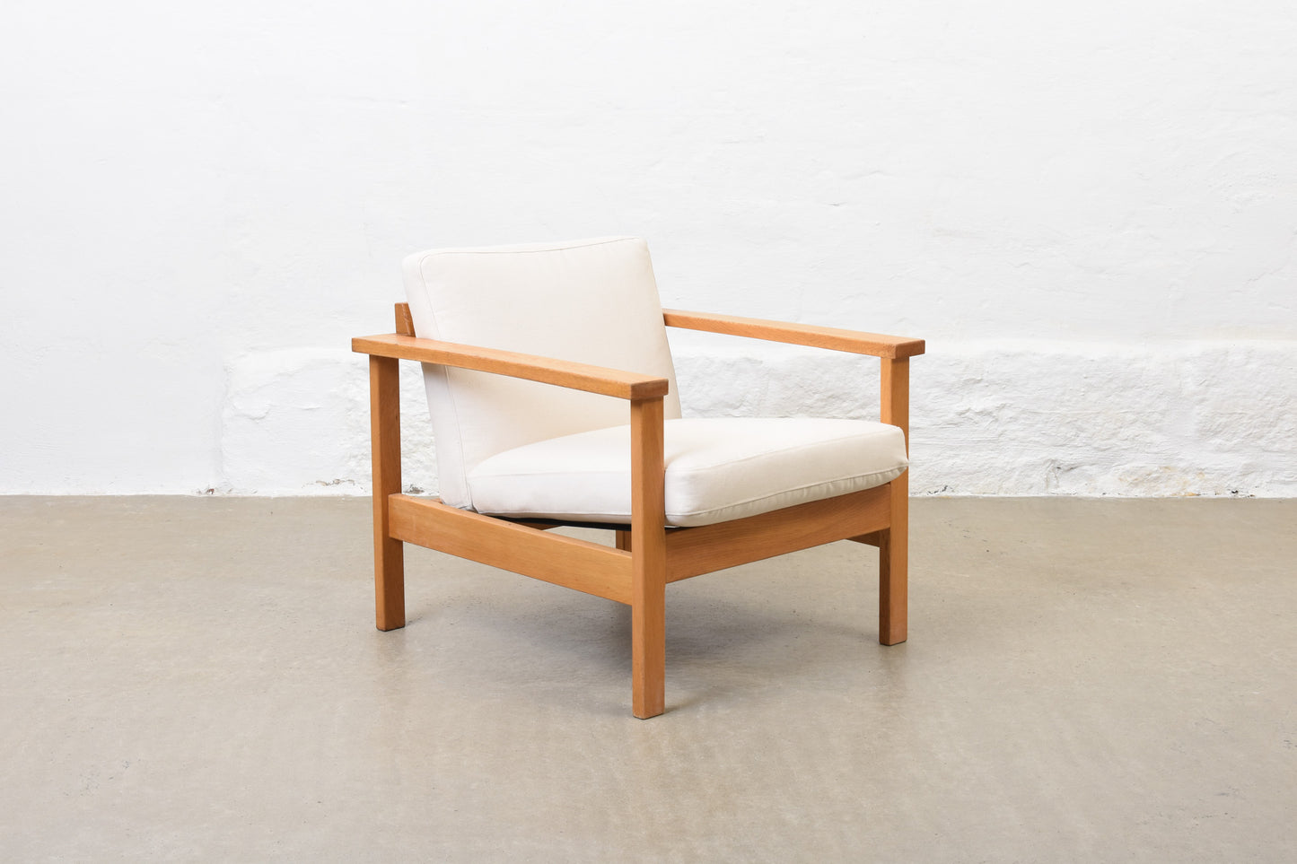 Newly reupholstered: 1960s oak + canvas lounger