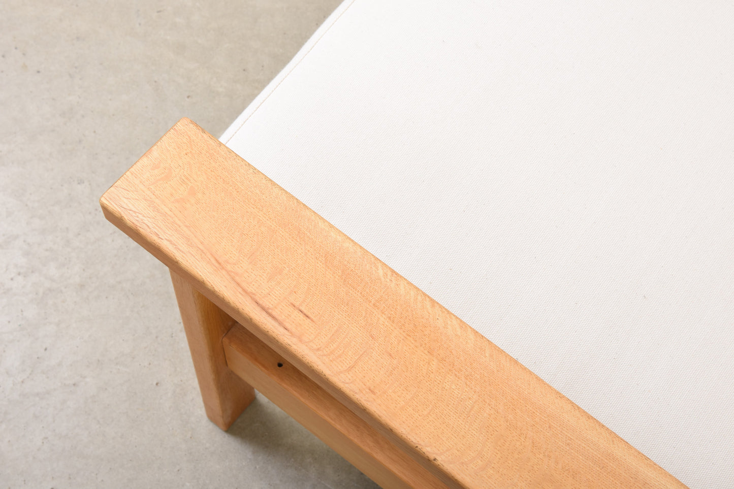 Newly reupholstered: 1960s oak + canvas lounger