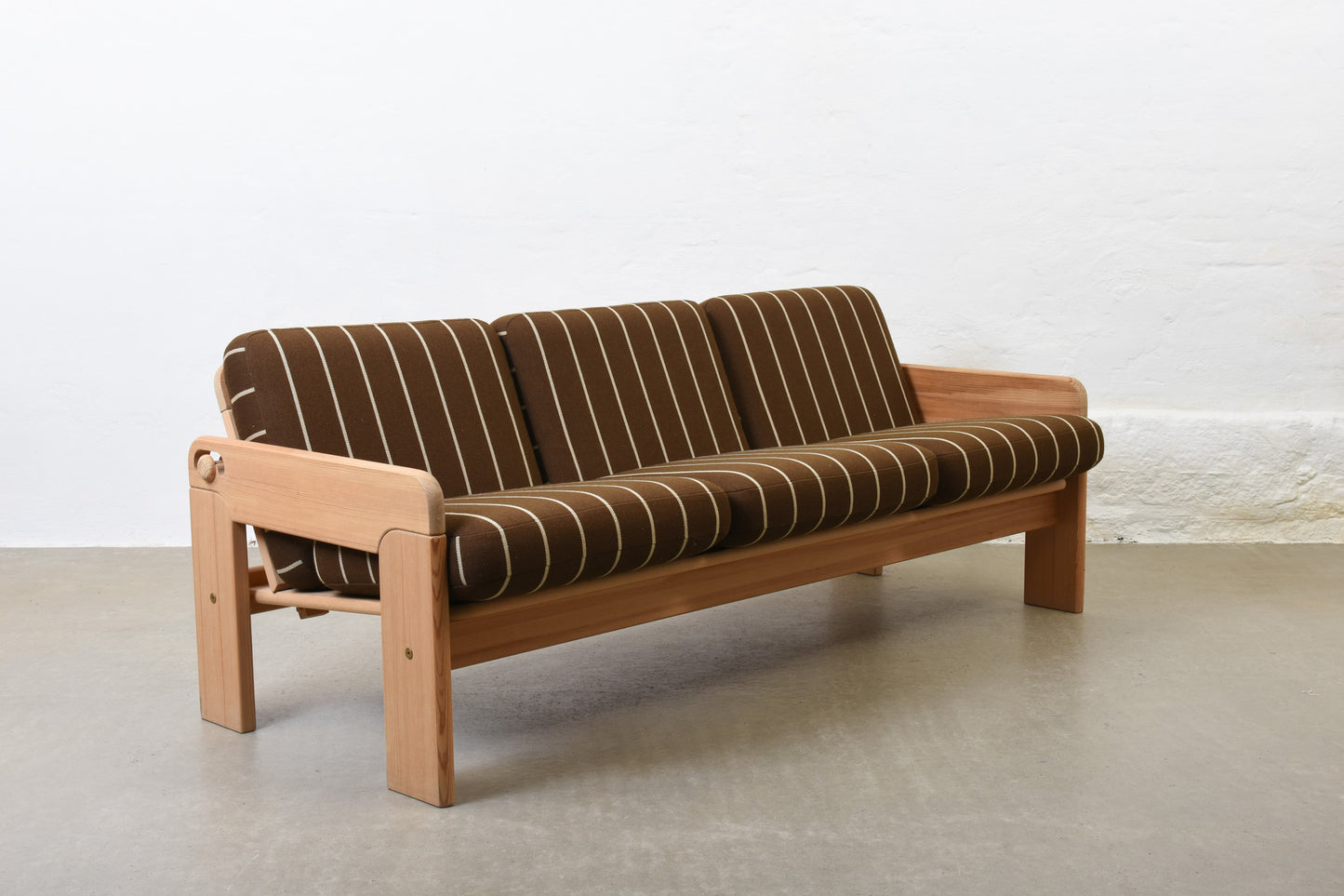 1970s reclining sofa in pine + wool