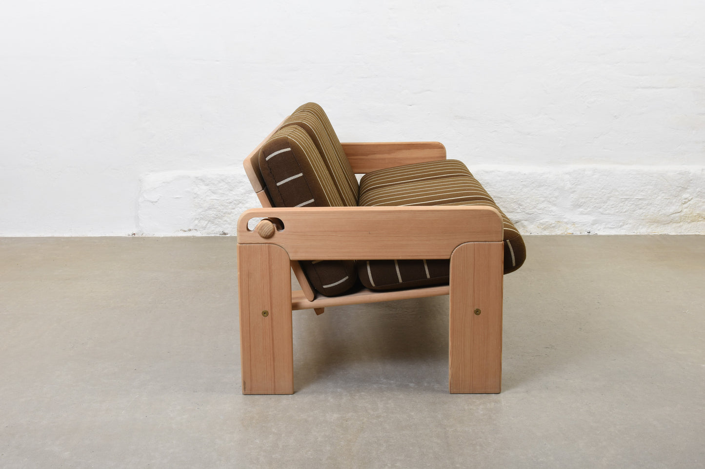 1970s reclining sofa in pine + wool