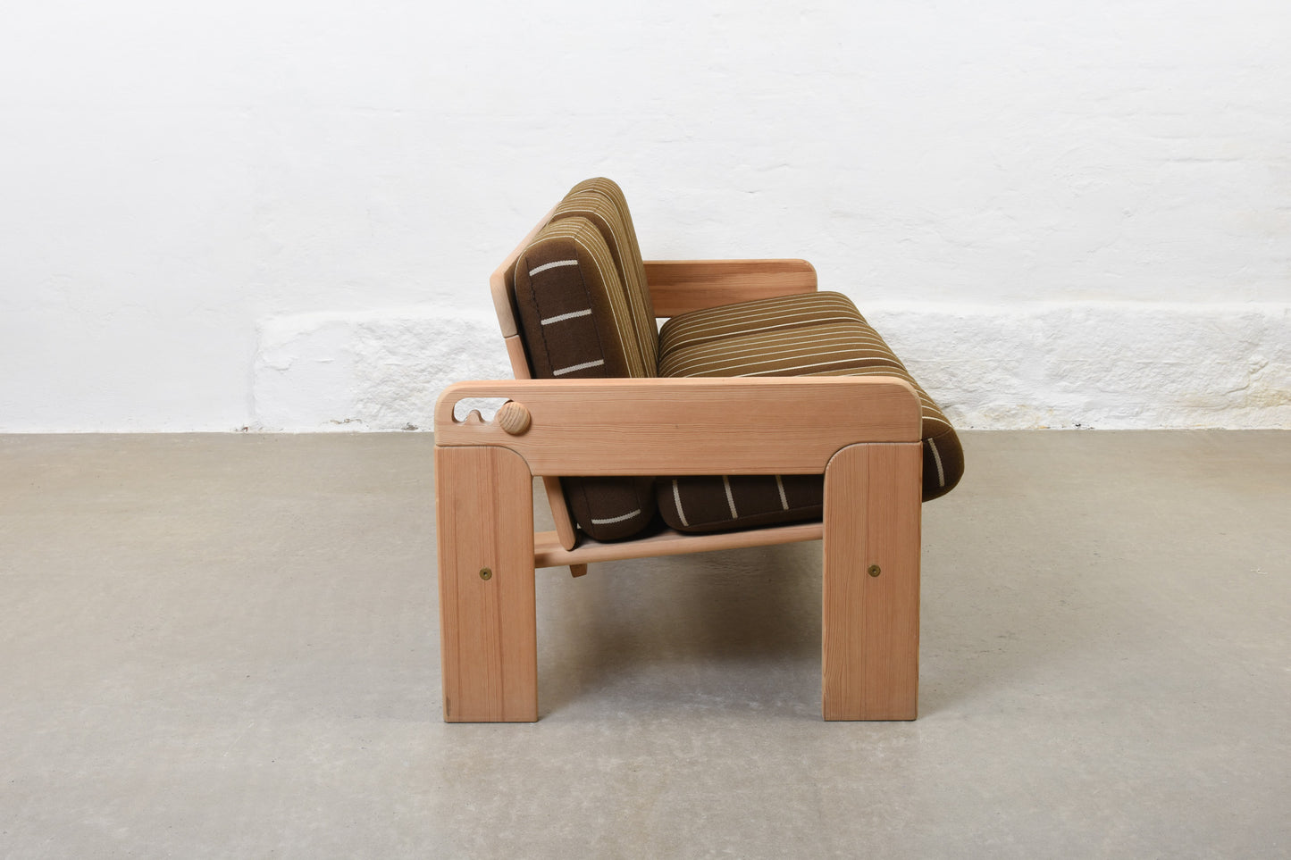 1970s reclining sofa in pine + wool