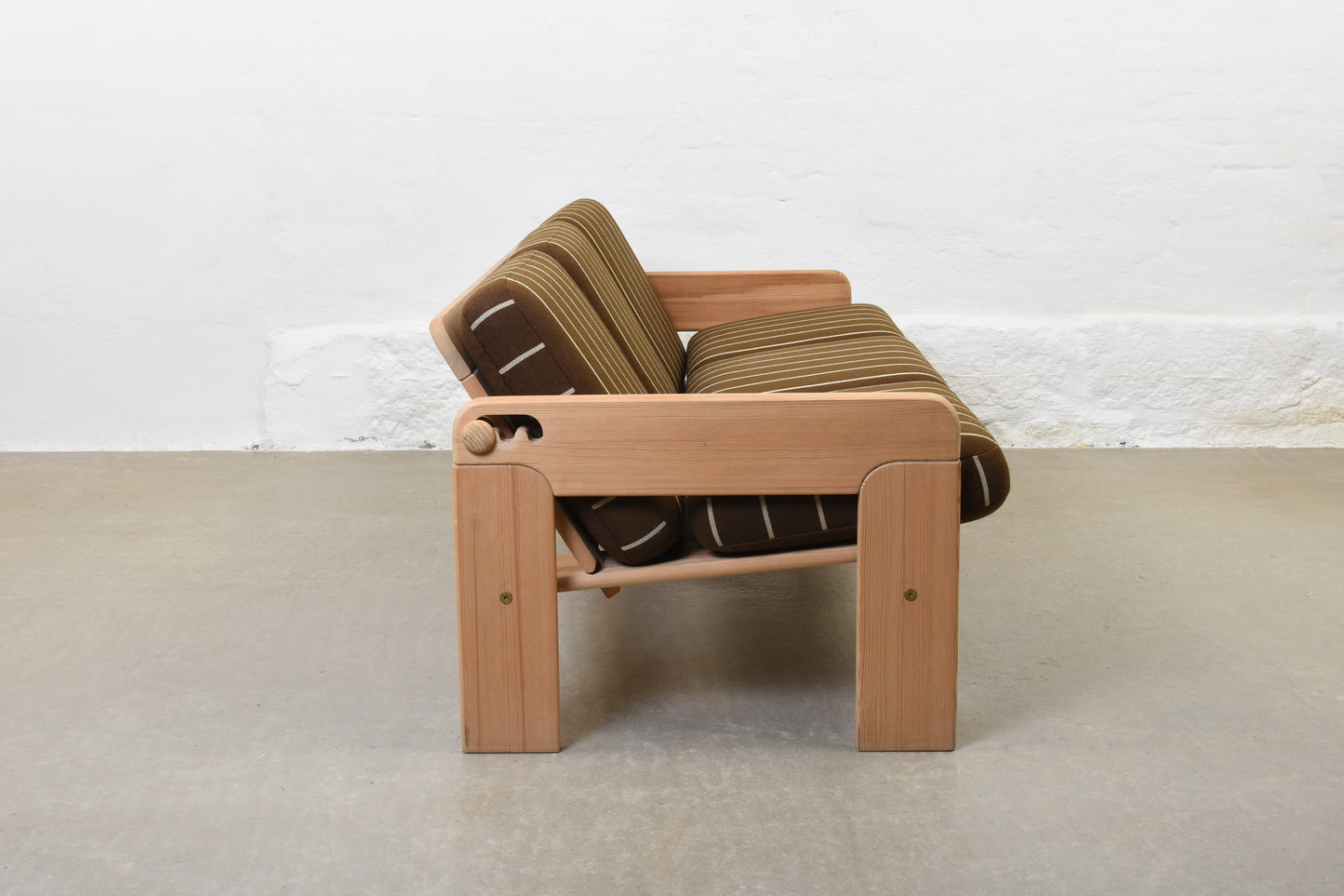 1970s reclining sofa in pine + wool