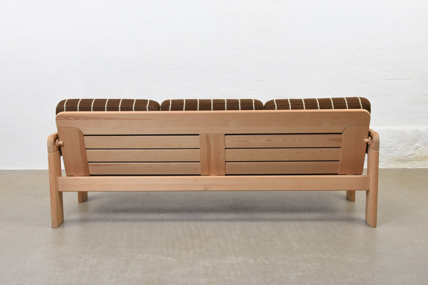 1970s reclining sofa in pine + wool