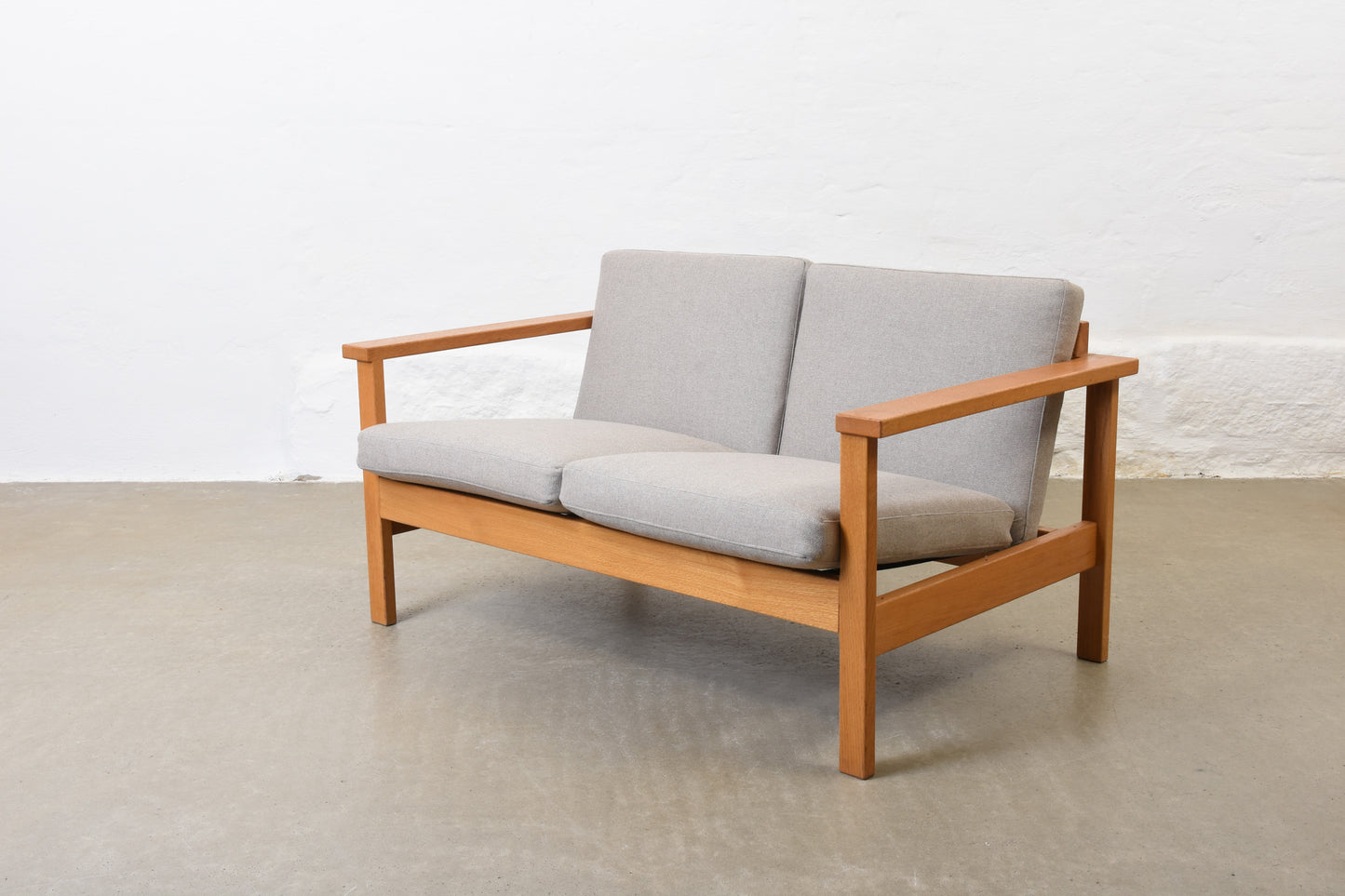Newly reupholstered: 1960s oak + wool two seater