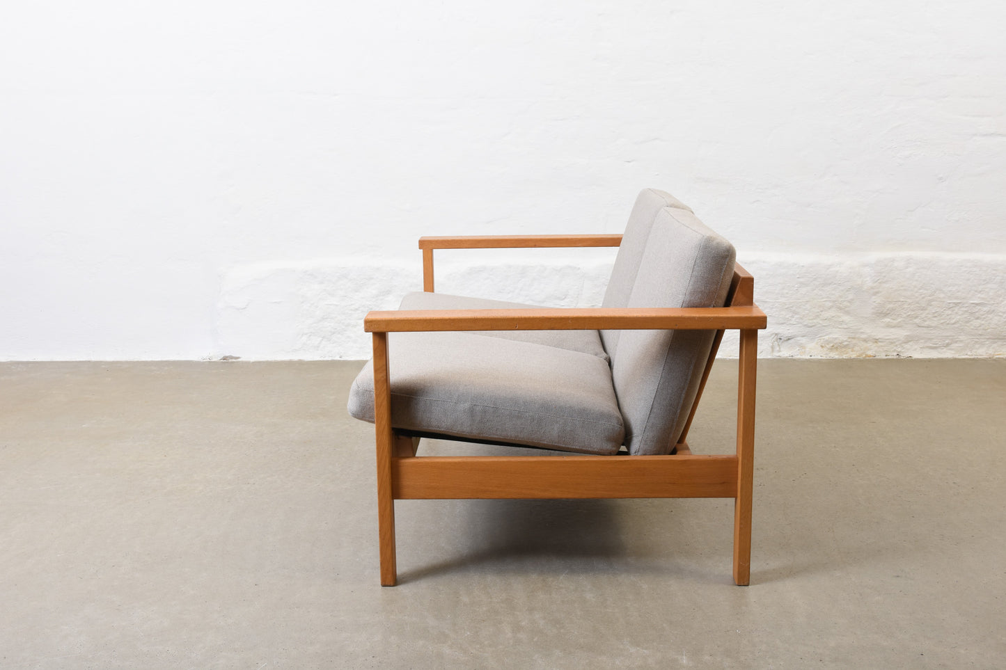 Newly reupholstered: 1960s oak + wool two seater