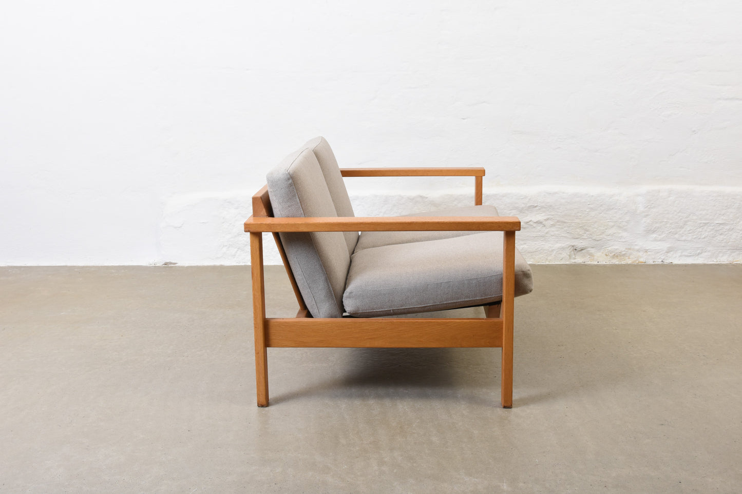 Newly reupholstered: 1960s oak + wool two seater