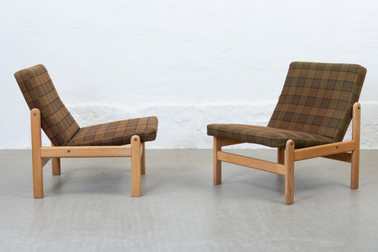 Two available: 1970s oak + wool loungers by Jørgen Bækmark