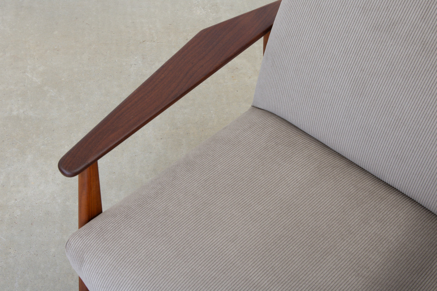 Newly reupholstered: 1960s teak + corduroy lounger
