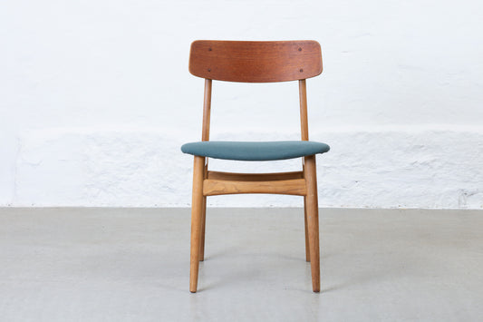 Newly reupholstered: Set of 1960s teak + oak dining chairs