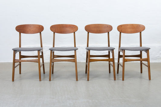Newly reupholstered: Set of four 1960s teak + beech dining chairs