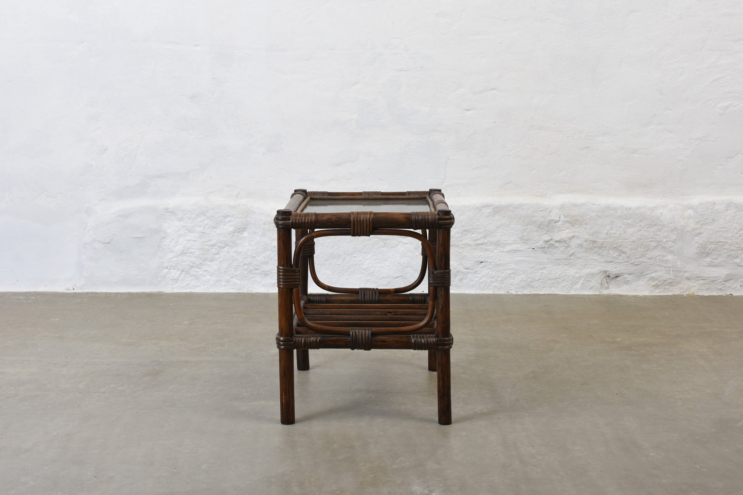 Two available: 1970s bamboo + glass side tables