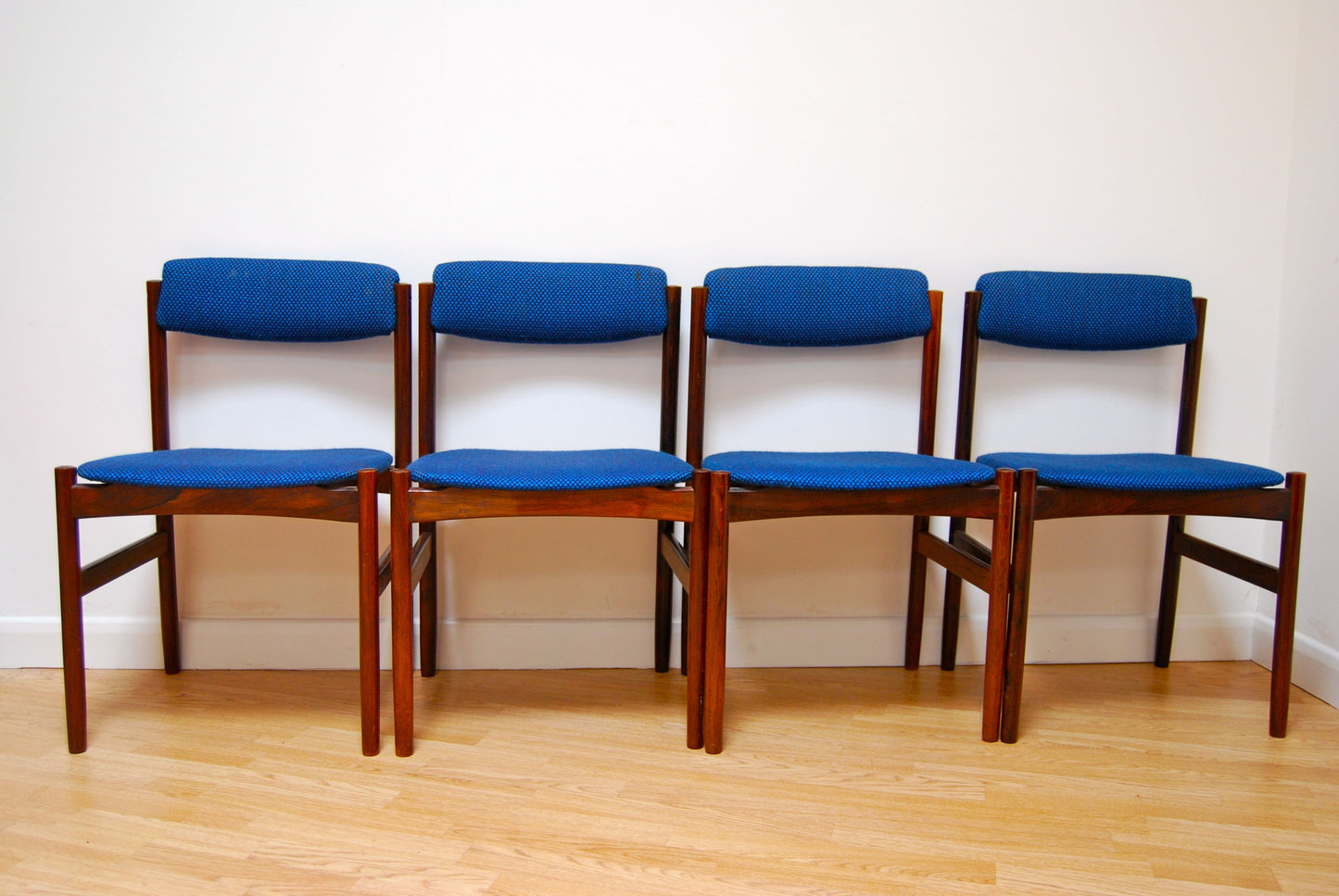 Set of four rosewood chairs with blue upholstery