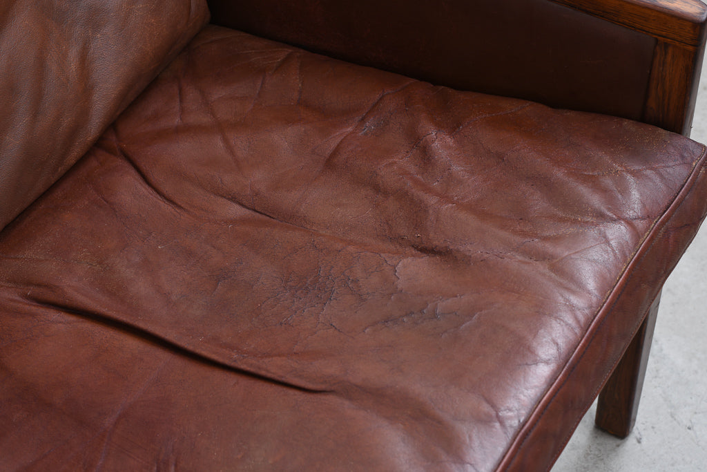 Three seat leather + rosewood sofa by Hans Olsen